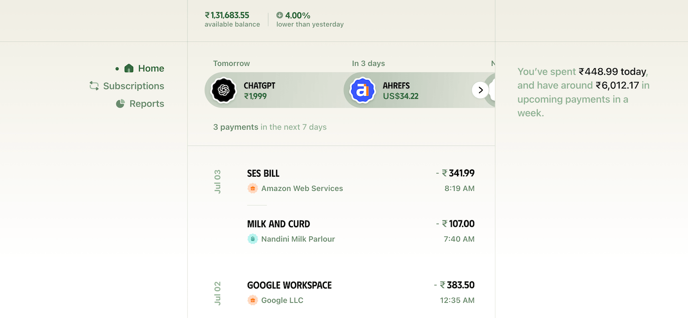 Home screen of Ducat Web app