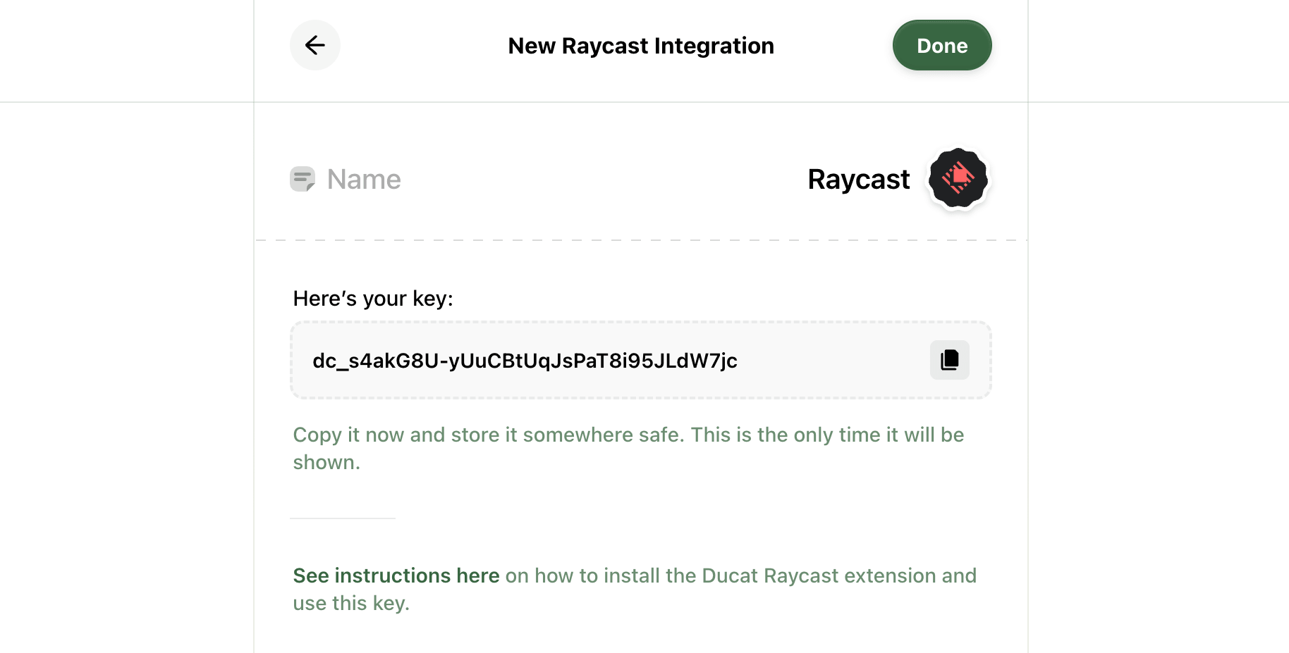 Generated Raycast integration key