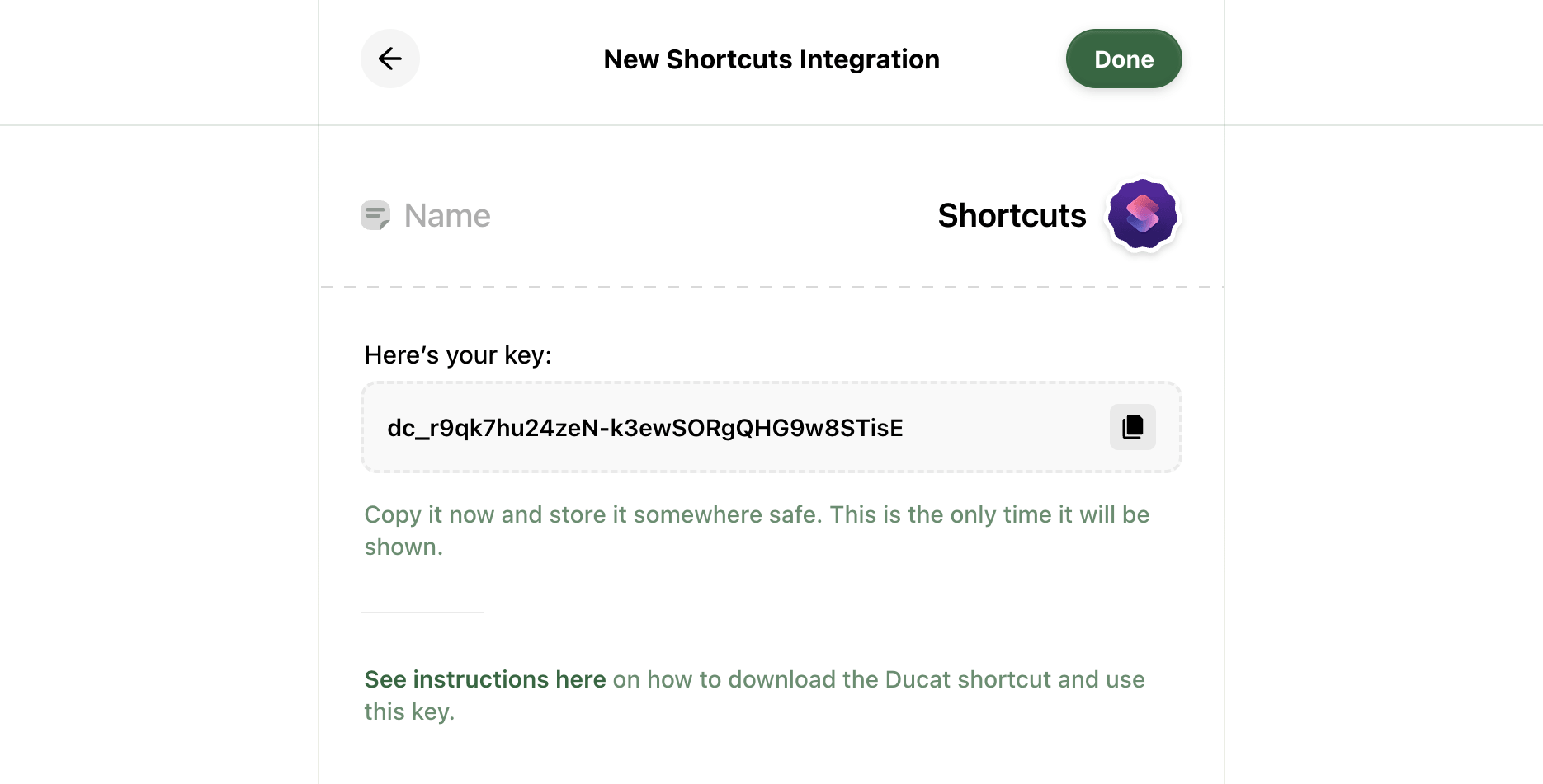 Generated Shortcuts integration key