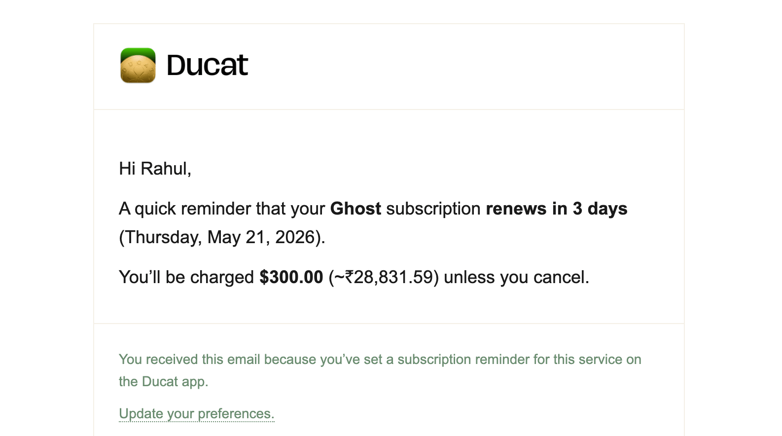 Ghost subscription billing reminder