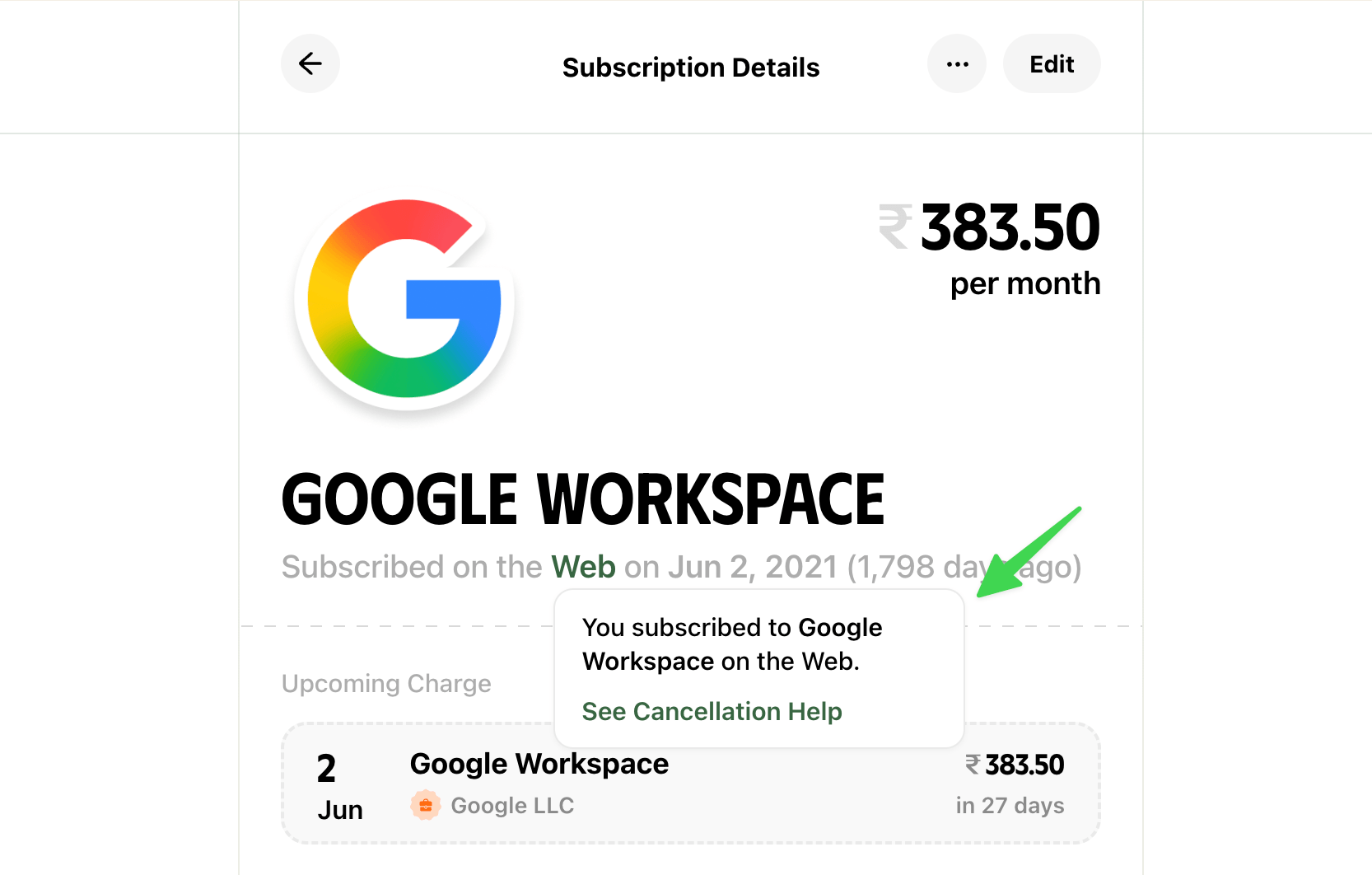 Subscription source information on hover